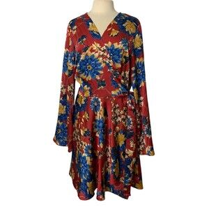 Missguided Plus Floral Wrap Dress Long Bell Sleeve Size 20 Red